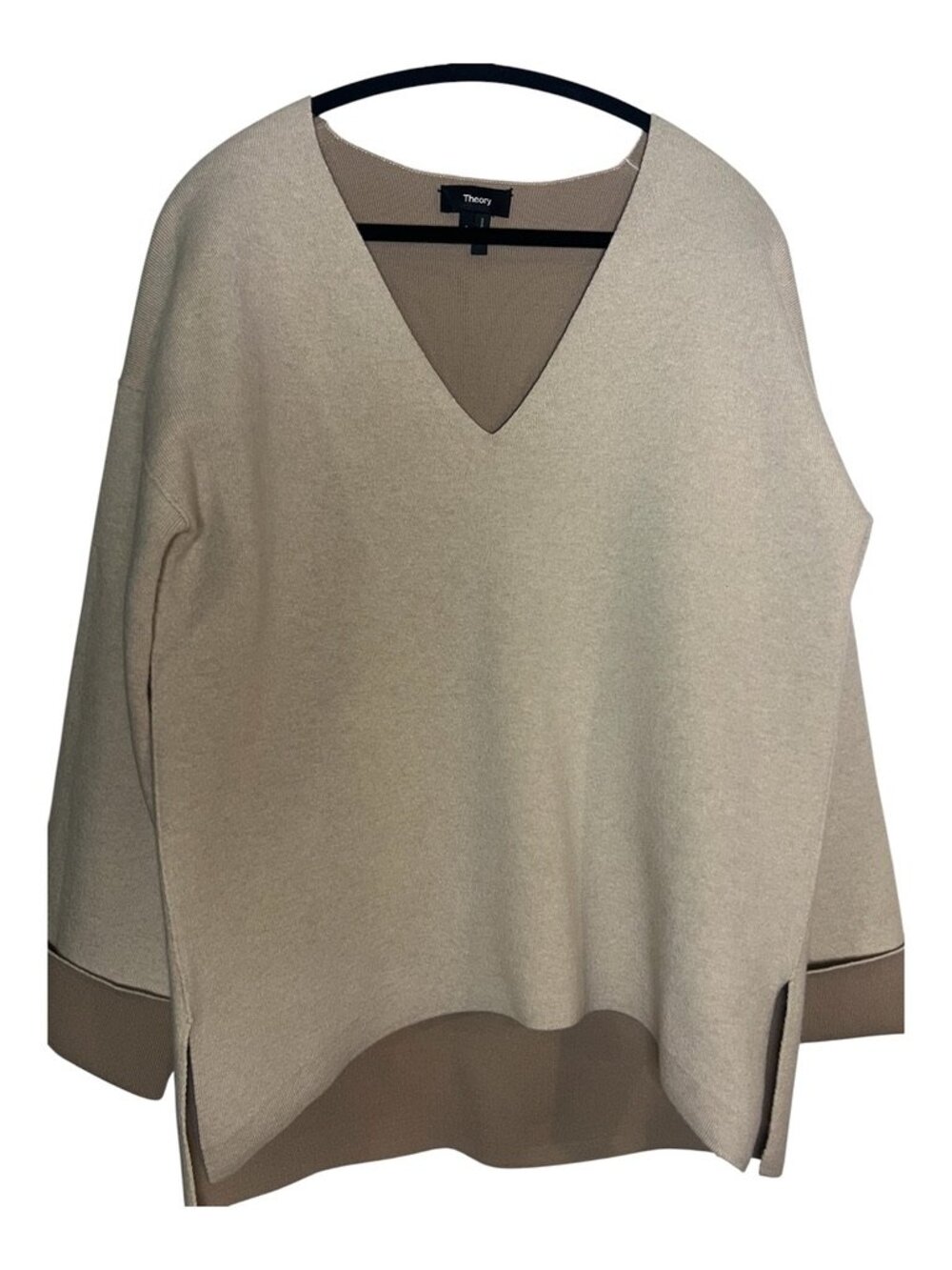 Theory Reversible Wool Blend Oversized V-Neck Sweater Tan Size S